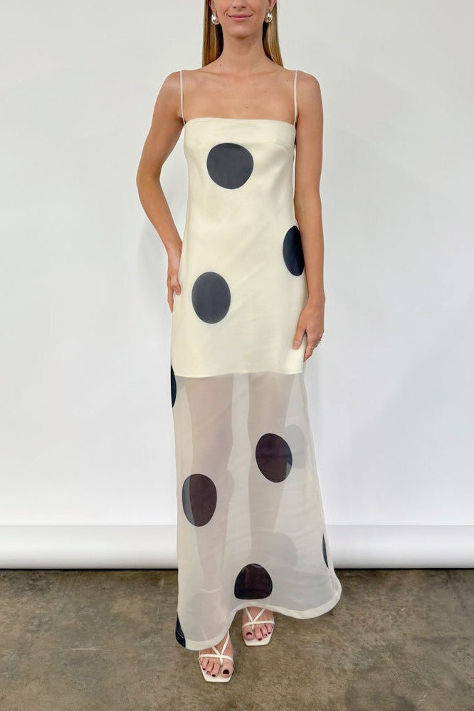 Oversized Polka Dot Strapless Sheer-Hem Maxi Dress