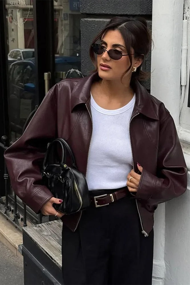 Retro Wine Red PU Leather Short Jacket