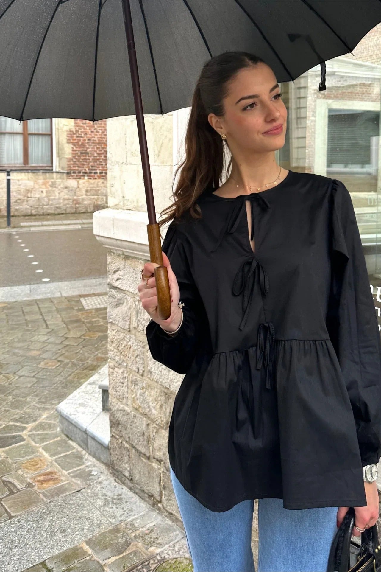 Striped Loose Fit Lace-Up Round Neck Blouse