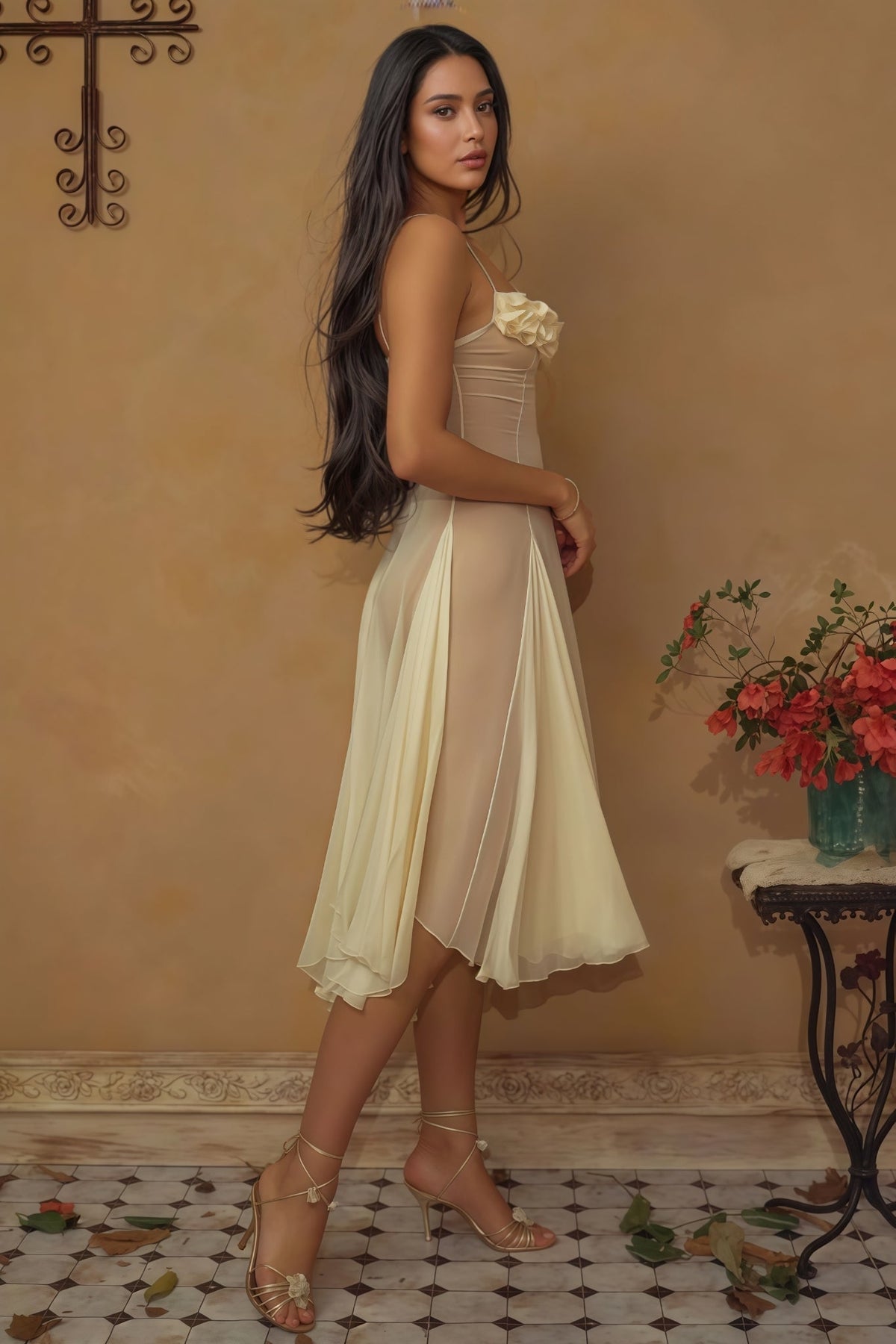 Thadt Yellow Strapless Mesh Midi Dress - View 7