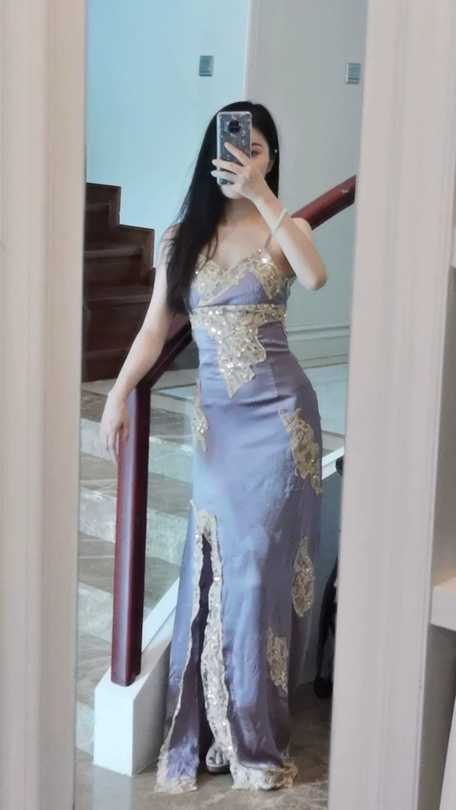 Elegant Satin Long Prom Dress With Split Vintage Evening Dress With Lace Applique - Fashionpara