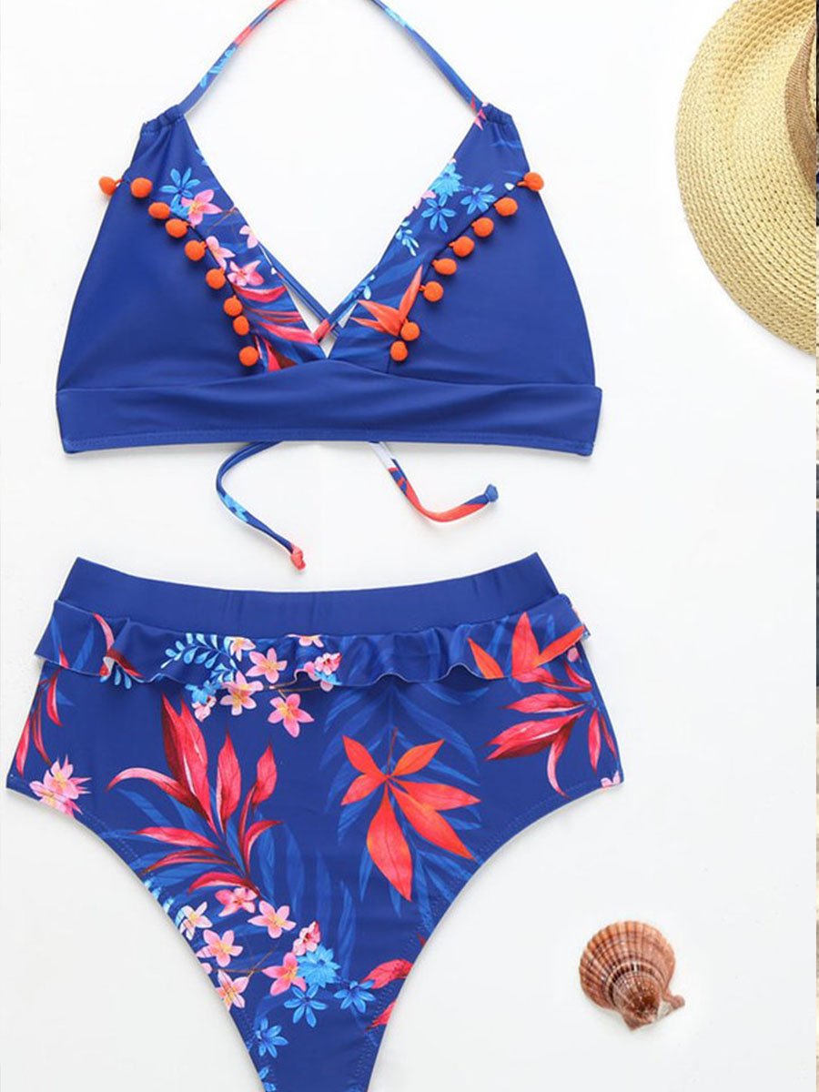 Floral Printed Blue Two Pieces Swimsuit - Fashionpara