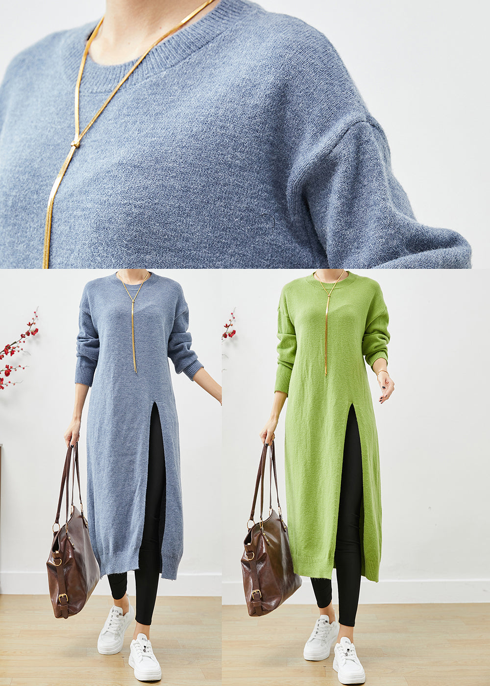 Knit Crew Neck Long Sleeve Ribbed High Split Sweater Midi Dress - View 5