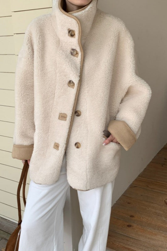 Stand Collar Faux Shearling Cropped Coat - Fashionpara
