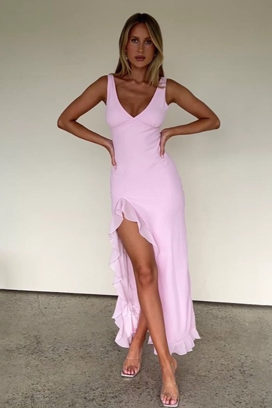 V-Neck Sleeveless Ruffle High Slit Bodycon Maxi Dress