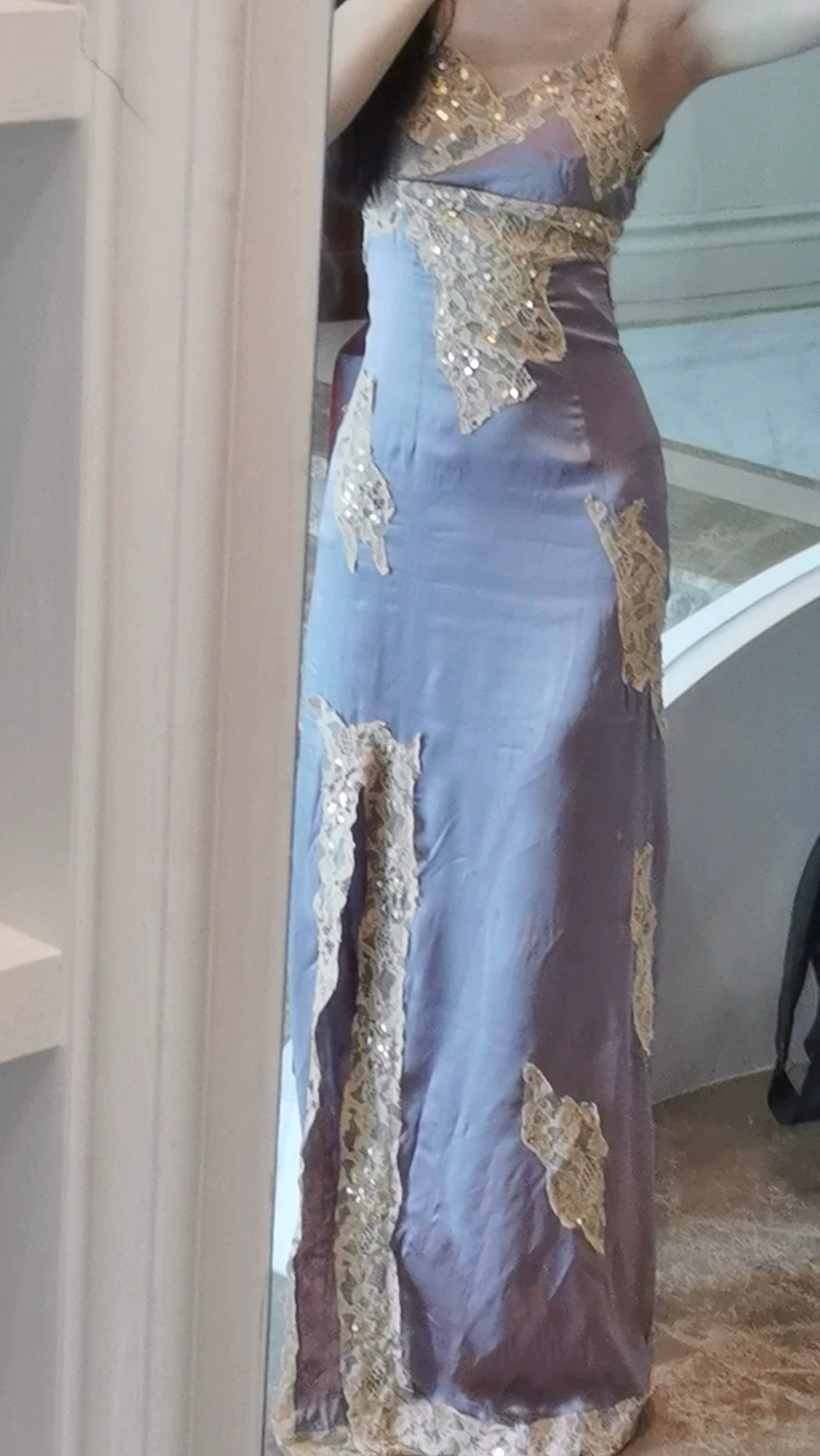 Elegant Satin Long Prom Dress With Split Vintage Evening Dress With Lace Applique - Fashionpara