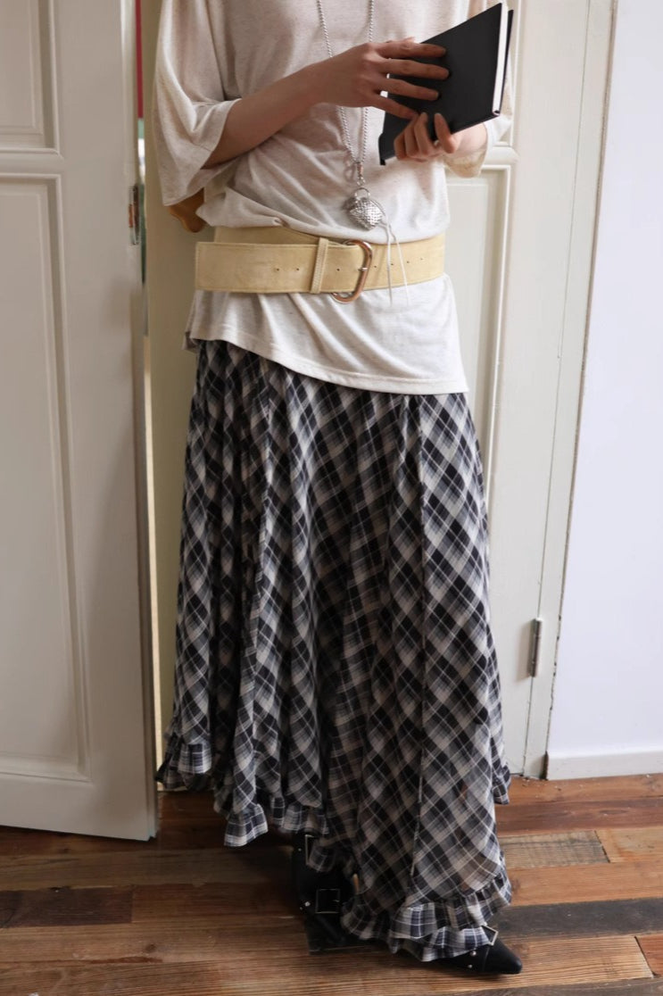 Plaid Asymmetric Ruffle Midi Skirt