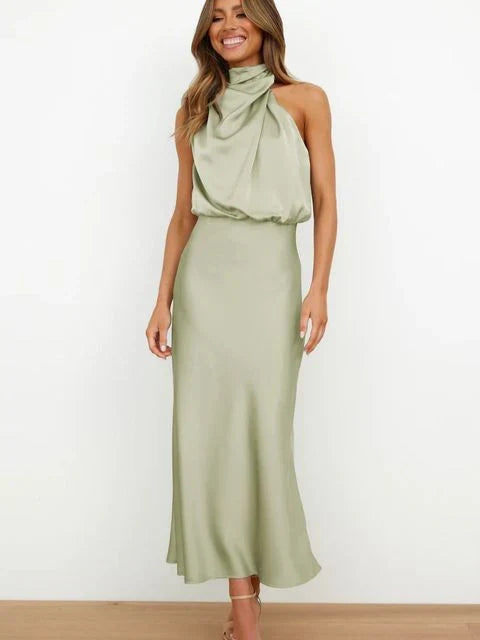 Satin Mock Neck Cowl Drape Sleeveless Bias Cut Midi Cocktail Dress - View 5