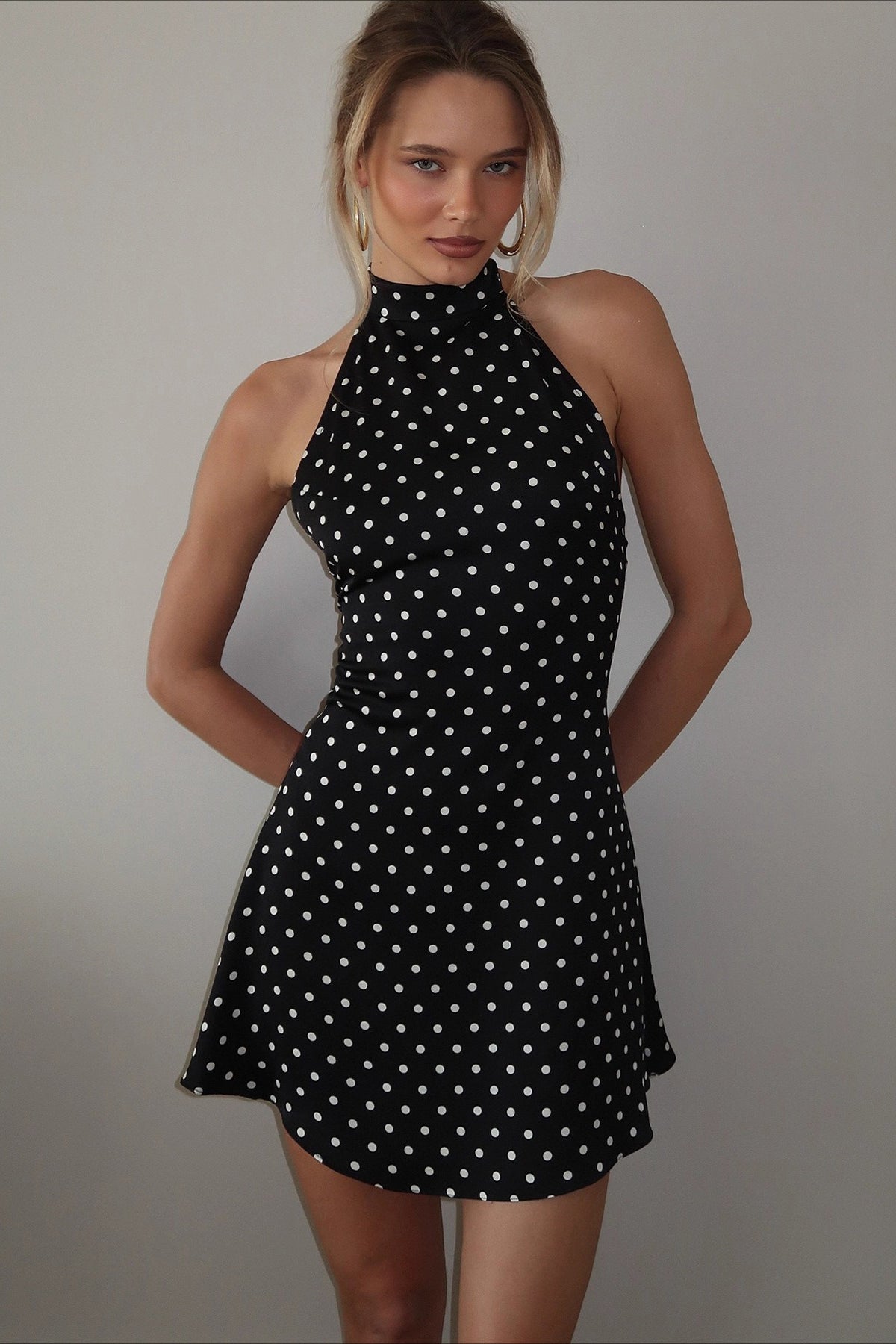 Polka Dot High Neck Halter A-Line Mini Dress
