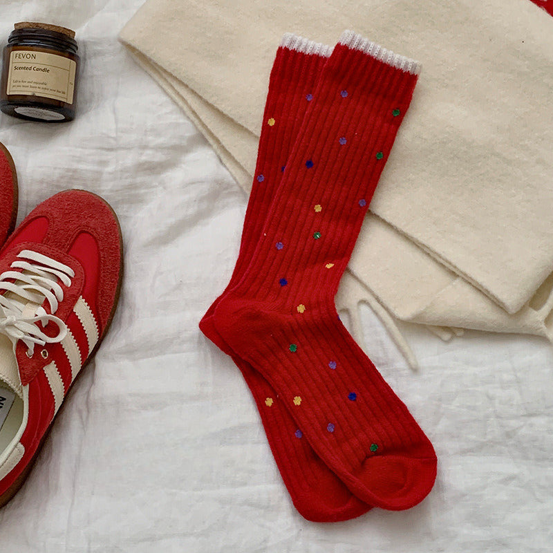 Red Polka Dot Snowflake Fluffy Slouch Socks