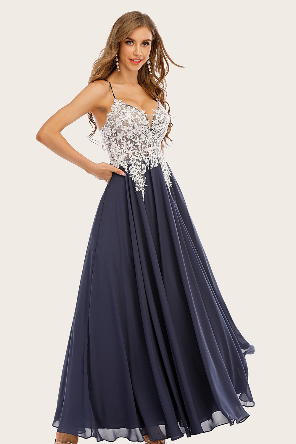 Dusty Blue Long Chiffon Prom Dress with Lace - Fashionpara