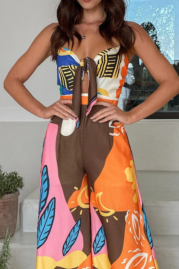 Unique Printed Suspenders Hollow Waist Wide-leg Jumpsuit - Fashionpara
