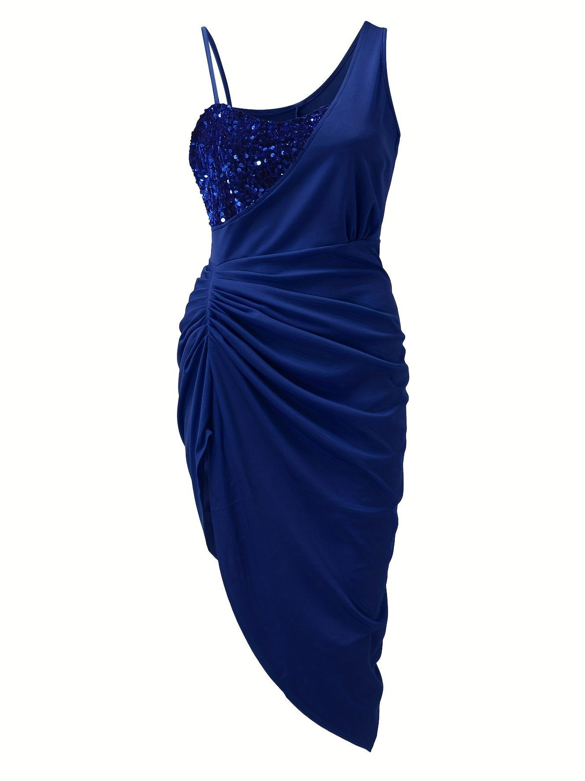 Sequin Panel One Shoulder Asymmetric Ruched Cocktail Midi Dress