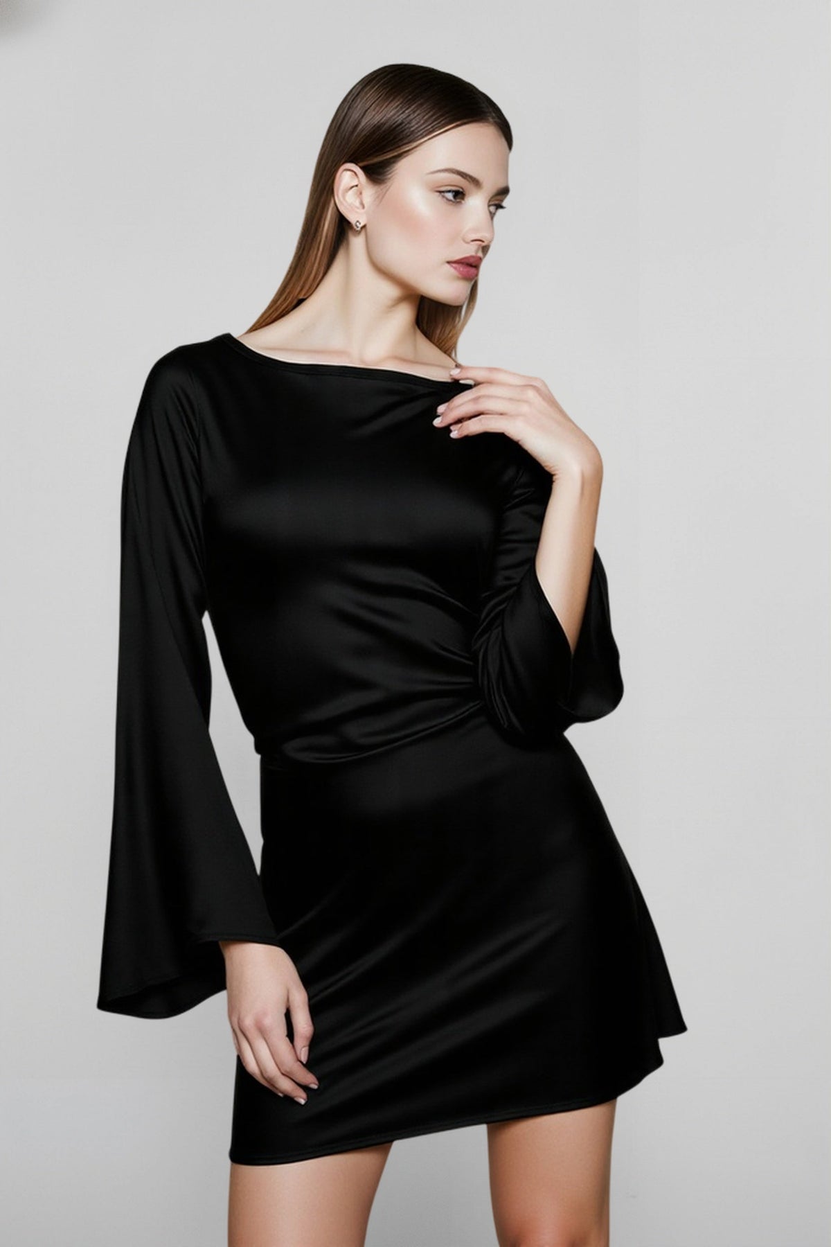 Satin Boat Neck Bell Sleeve Ruched Bodycon Mini Dress
