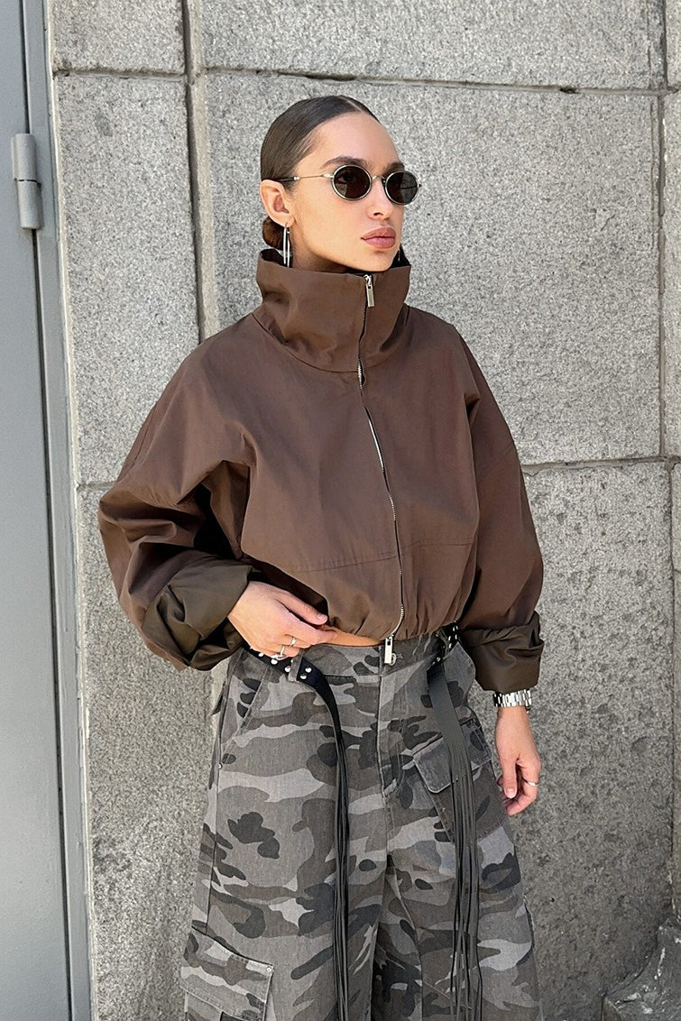 Stand Collar Cropped Zip Windbreaker