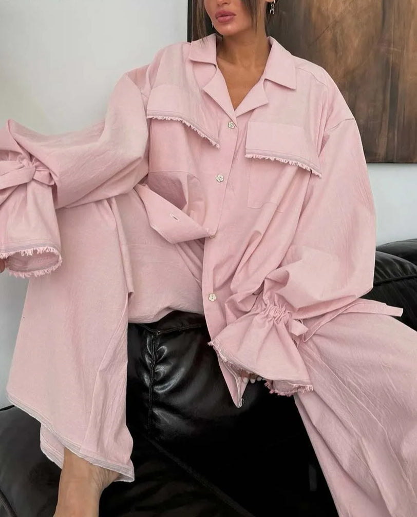 Pink Cotton Lace-Up Drawstring Pants Office Two Piece Set