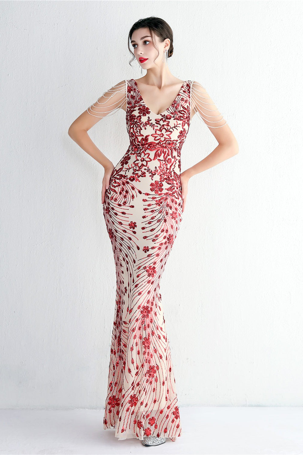 Elegant Long Slim Sequin Formal Event Sequin Dress