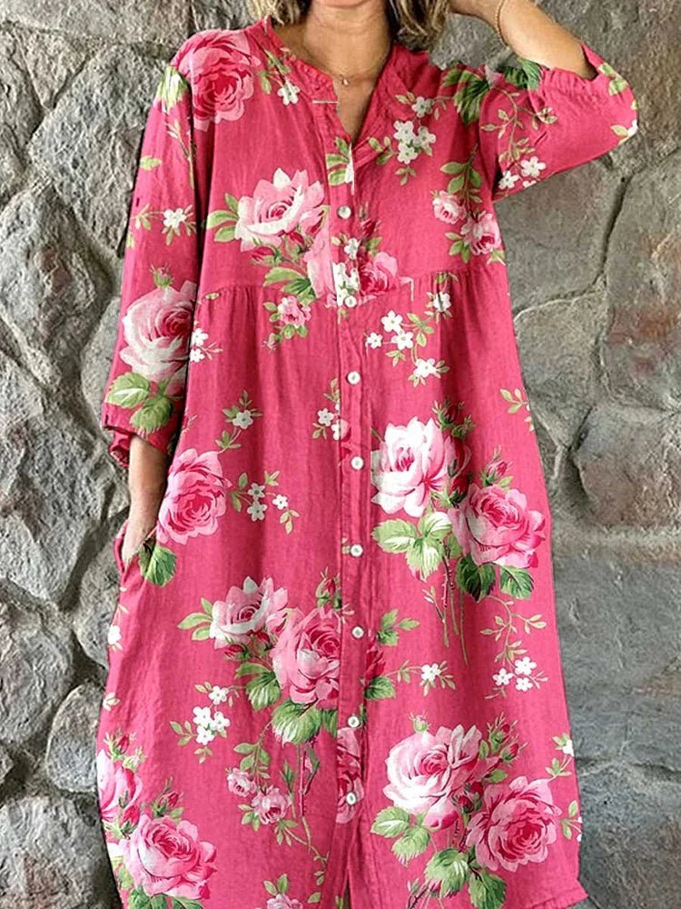 Rose Floral Button Front Notch Neck Midi Dress 2