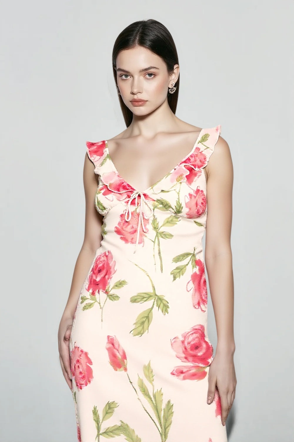 Floral Print V-Neck Ruffle Tie-Front Slip Dress
