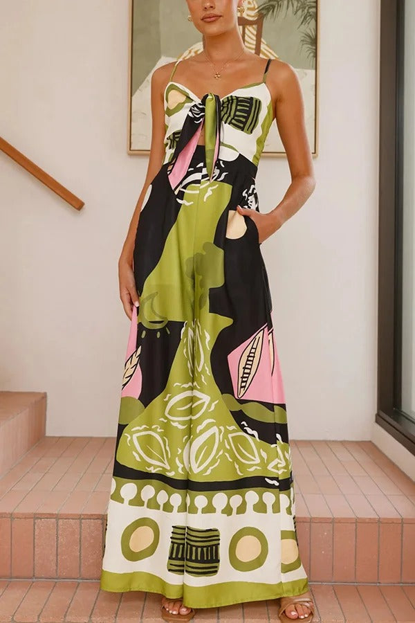 Unique Print Back Pleated Suspender Wide-leg Jumpsuit - Fashionpara