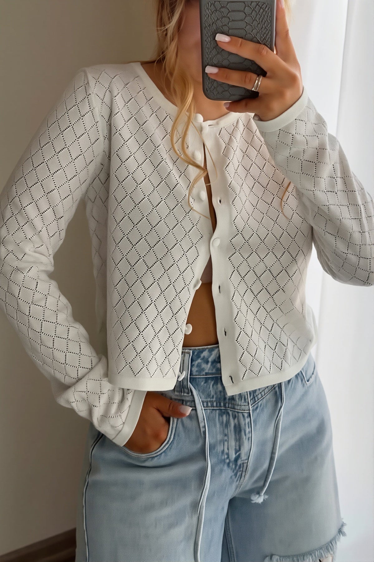 Pointelle Round Neck Button Cardigan