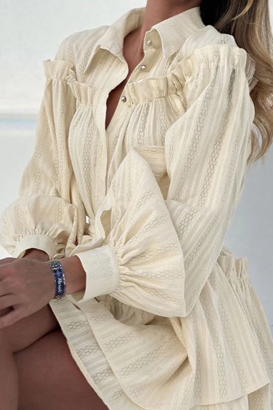 Striped Ruffle Long Sleeve Belted Shirt Dress 2