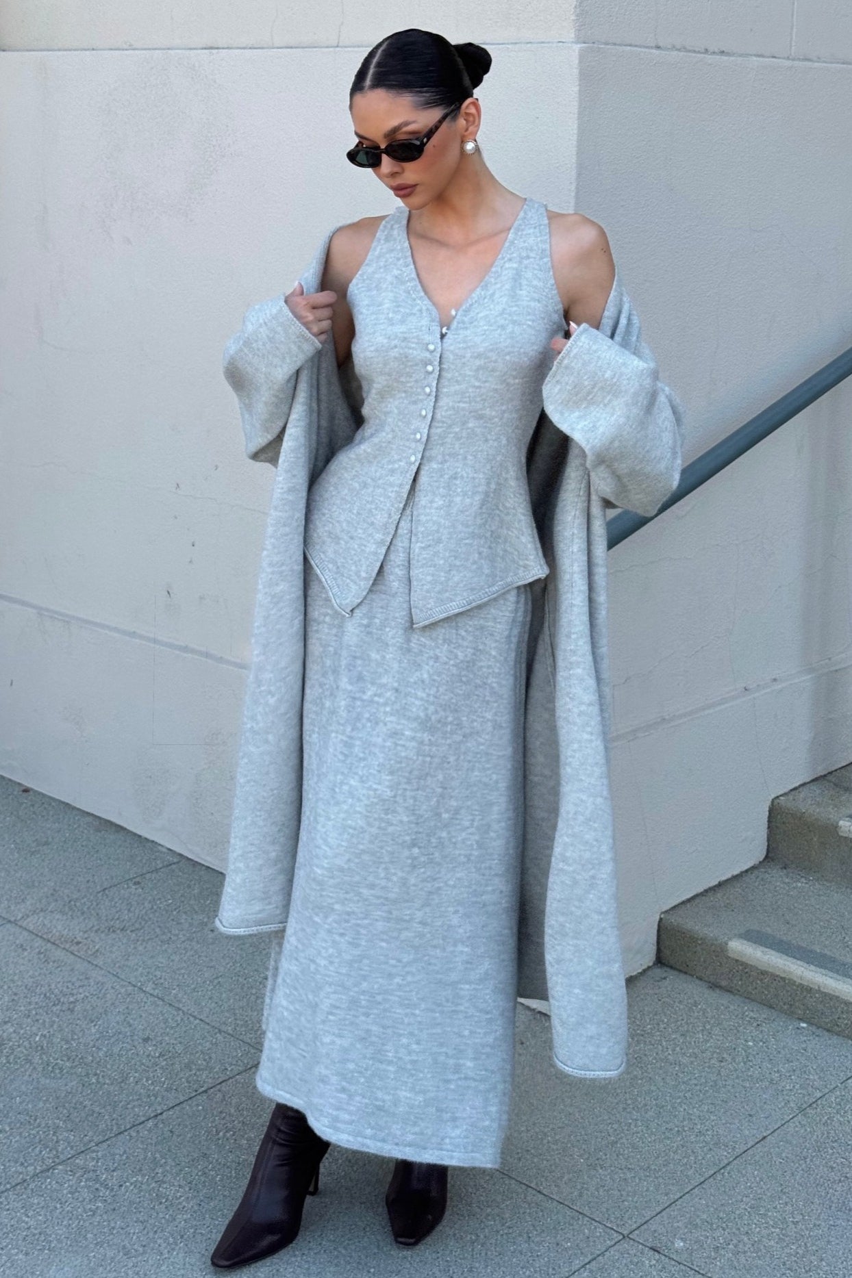 Vintage Gray Knit Jacket Vest & Maxi Skirt Three Piece Set