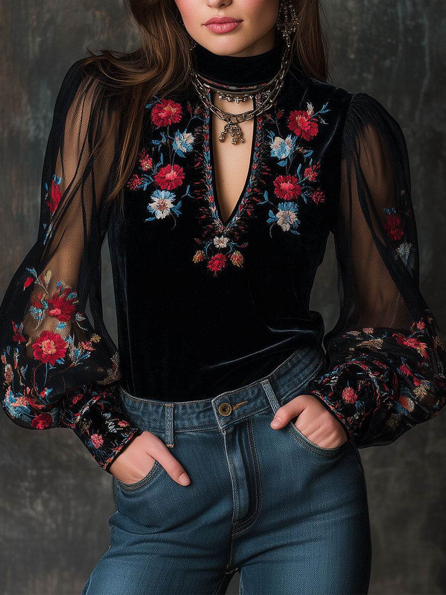 Retro Velvet Embroidered Mesh Stitching Blouse - Fashionpara