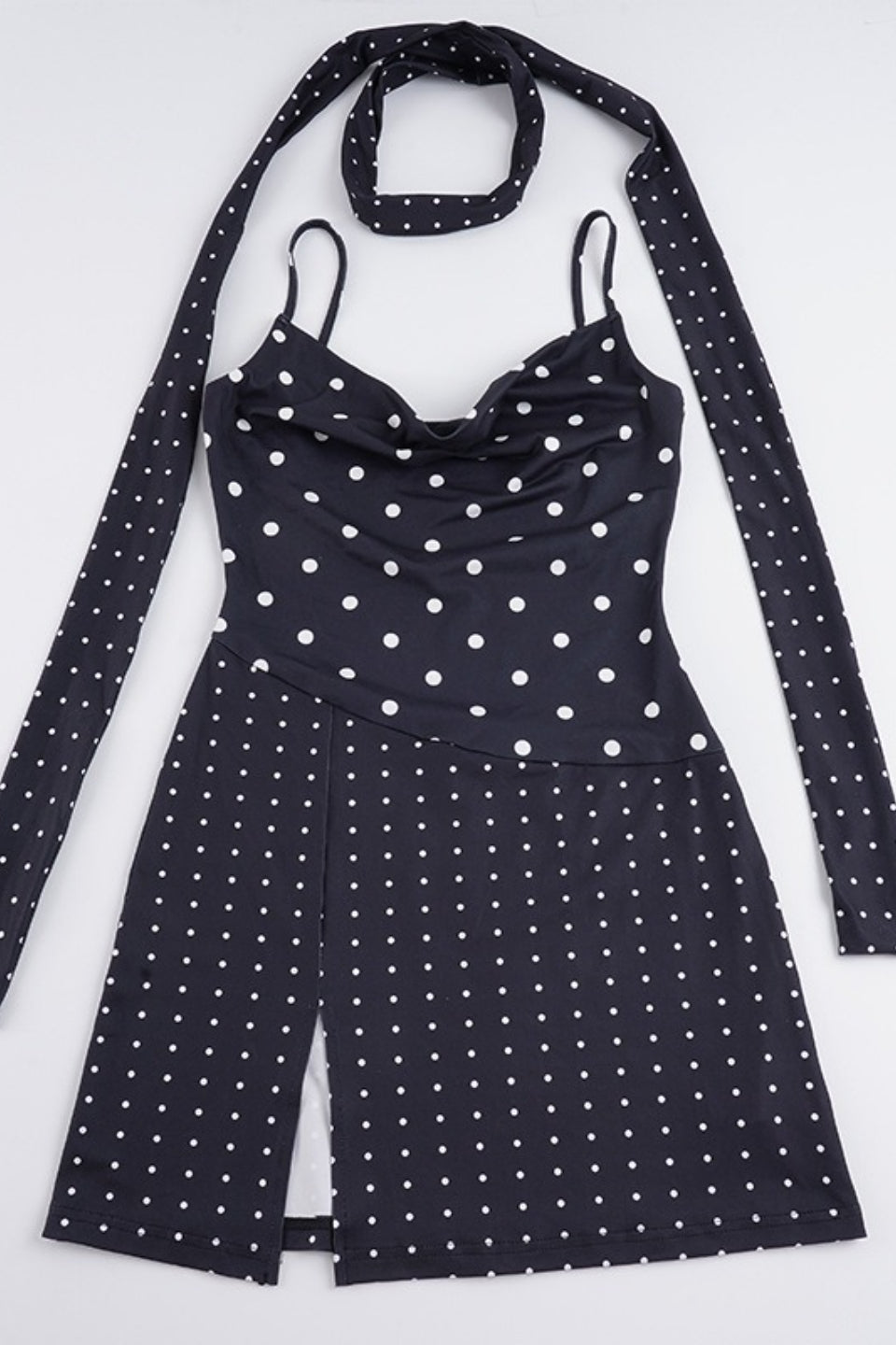 Polka Dot Cowl Neck High Split High Low Mini Dress