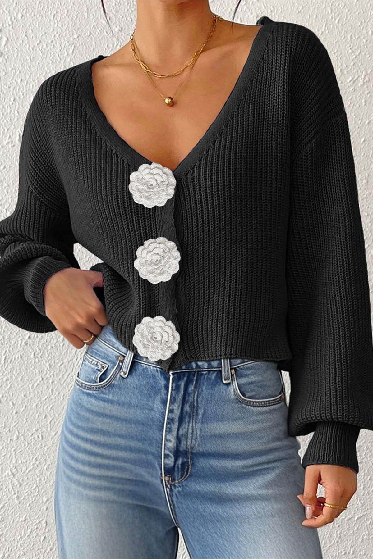 Button Front Crochet Knit Crop Sweater 26