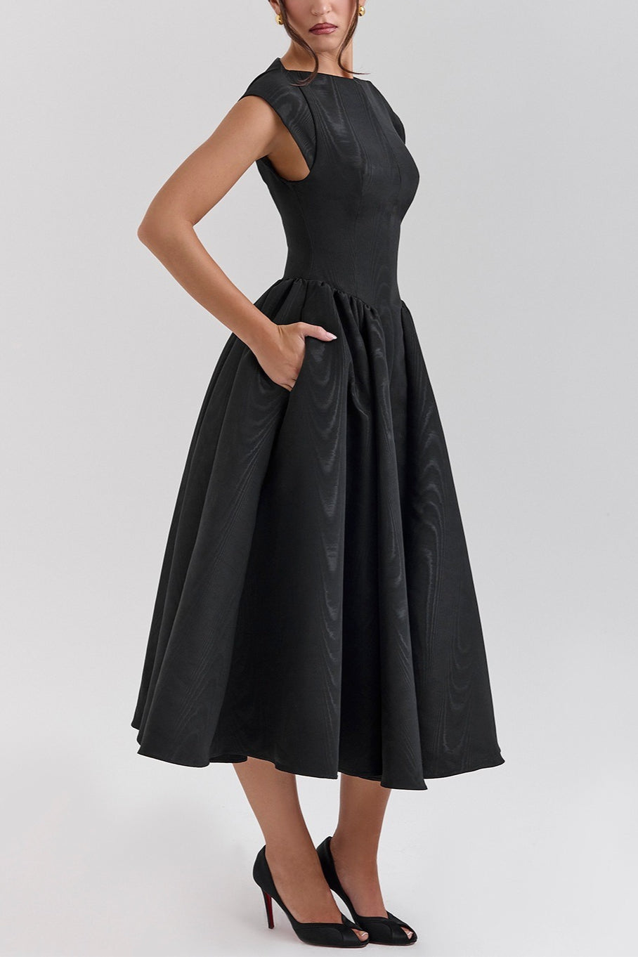 Boat Neck Cap Sleeve Fit and Flare Midi Dress