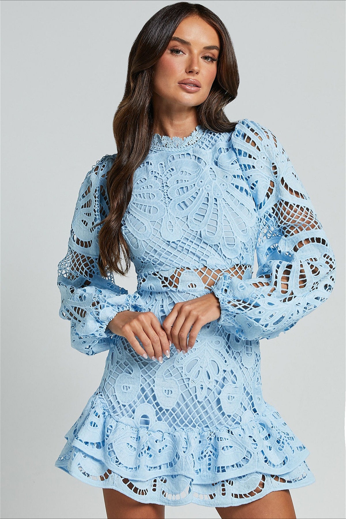 Lace High Neck Long Sleeve Fit and Flare Mini Dress