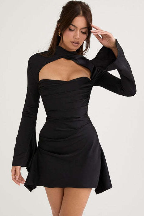 Knit Mock Neck Chest Cut Out Ruched Bell Sleeve Mini Cocktail Dress