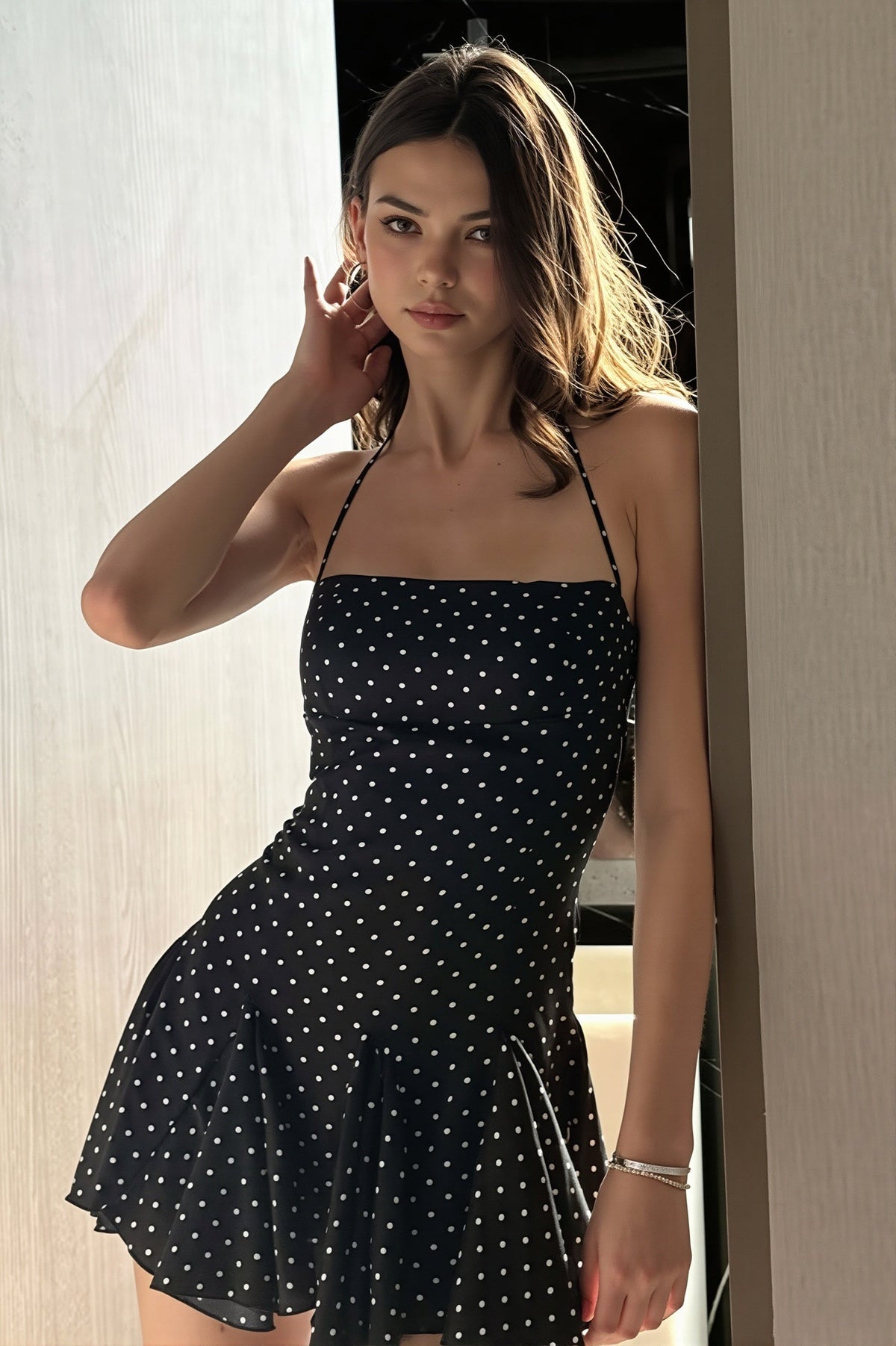 Polka Dot Halter Neck Drop Waist Ruffle Mini Dress