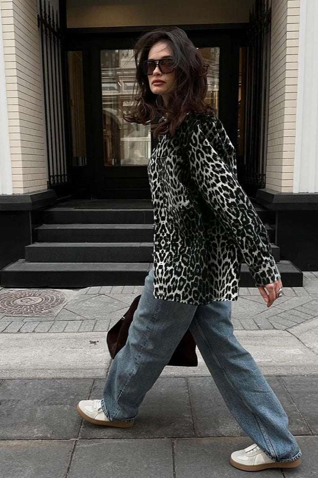 Elegant Leopard Print Open Front Long Sleeve Coat for All