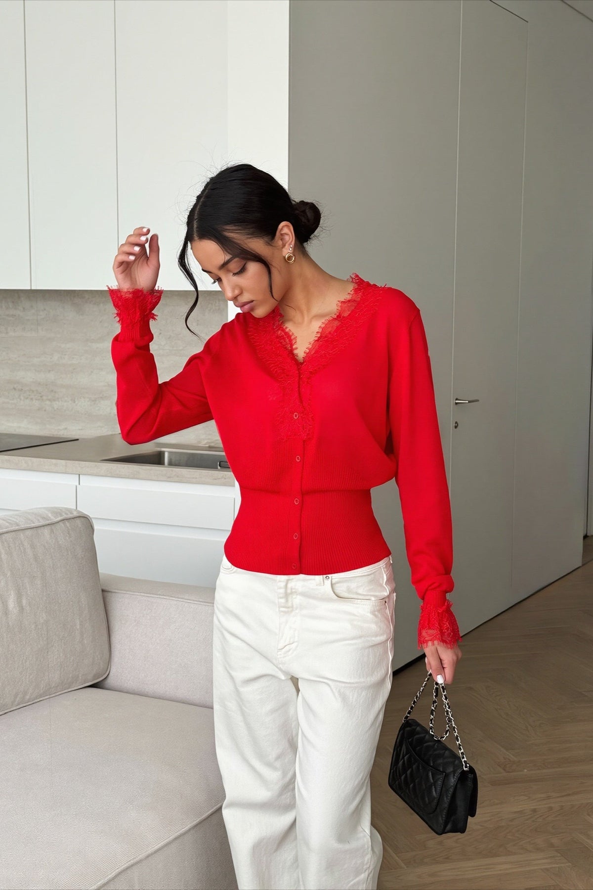 Lace Edge V Neck Cardigan Knit Top
