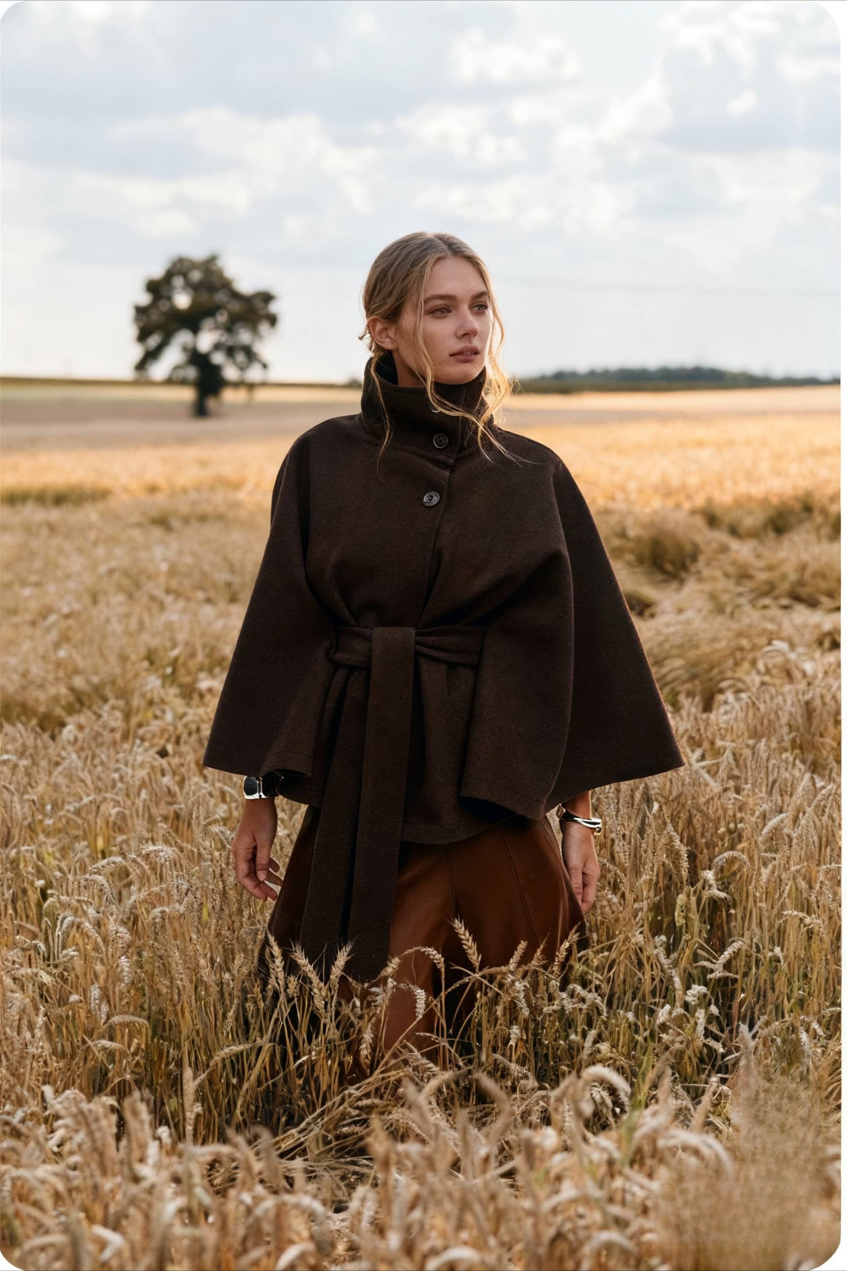 Button Up Stand Collar Cape Coat - Fashionpara