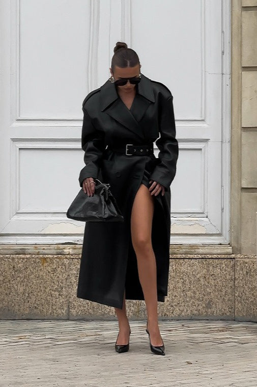 Knee-Length Faux Leather Overcoat with Heavy Detailing