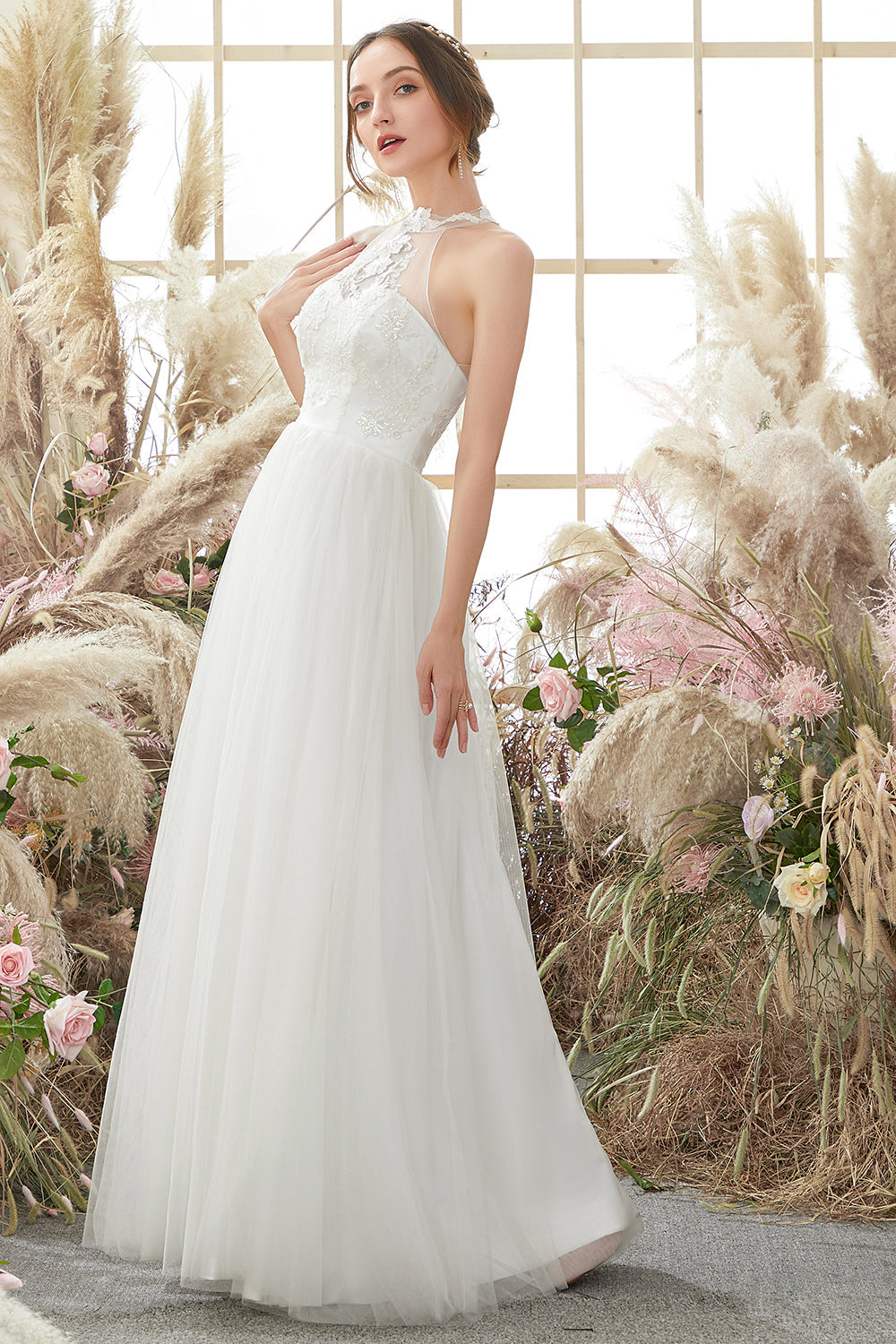White Halter Neck Wedding Dress - Fashionpara
