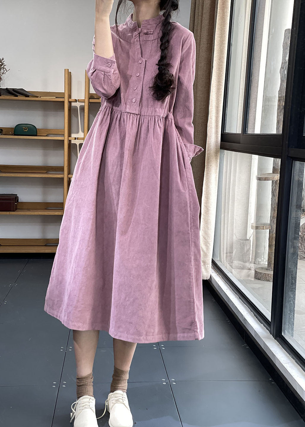 Corduroy Mock Neck Button Front Long Sleeve Pocket Midi Dress