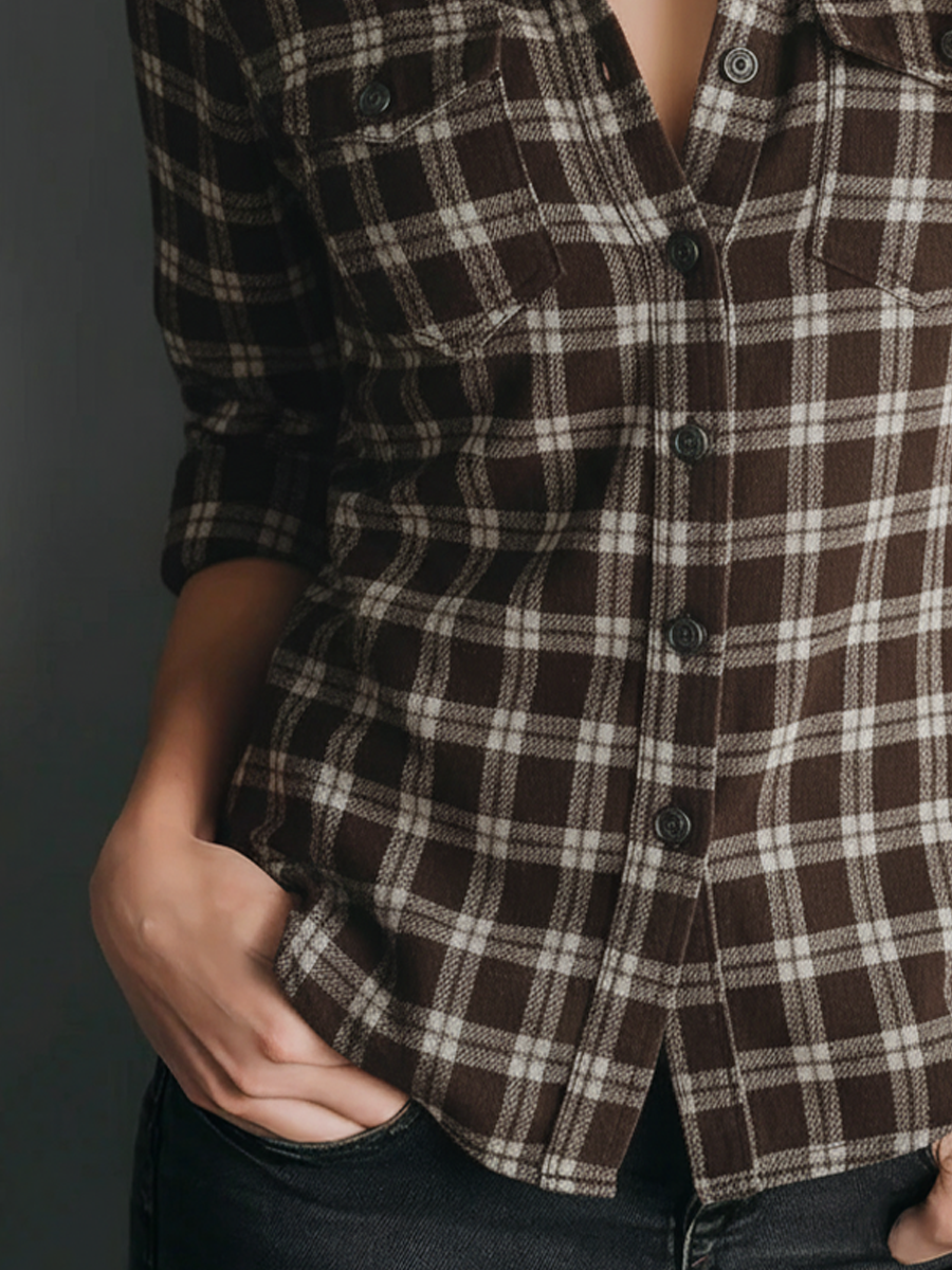 Retro Plaid Long-sleeved Blouse - Fashionpara