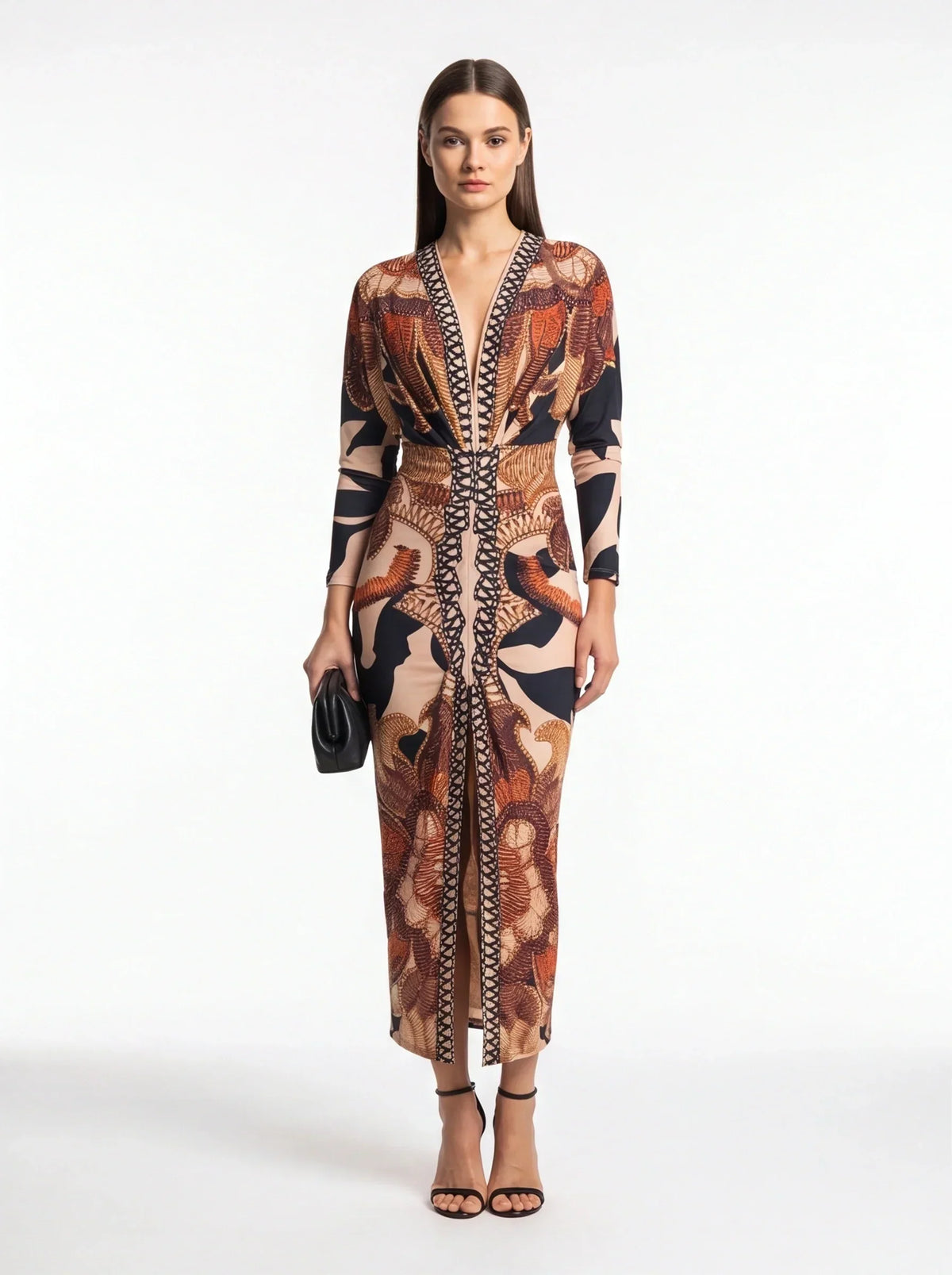 Deep V-Neck Long Sleeve Lattice Trim Graphic Bodycon Midi Dress - View 2