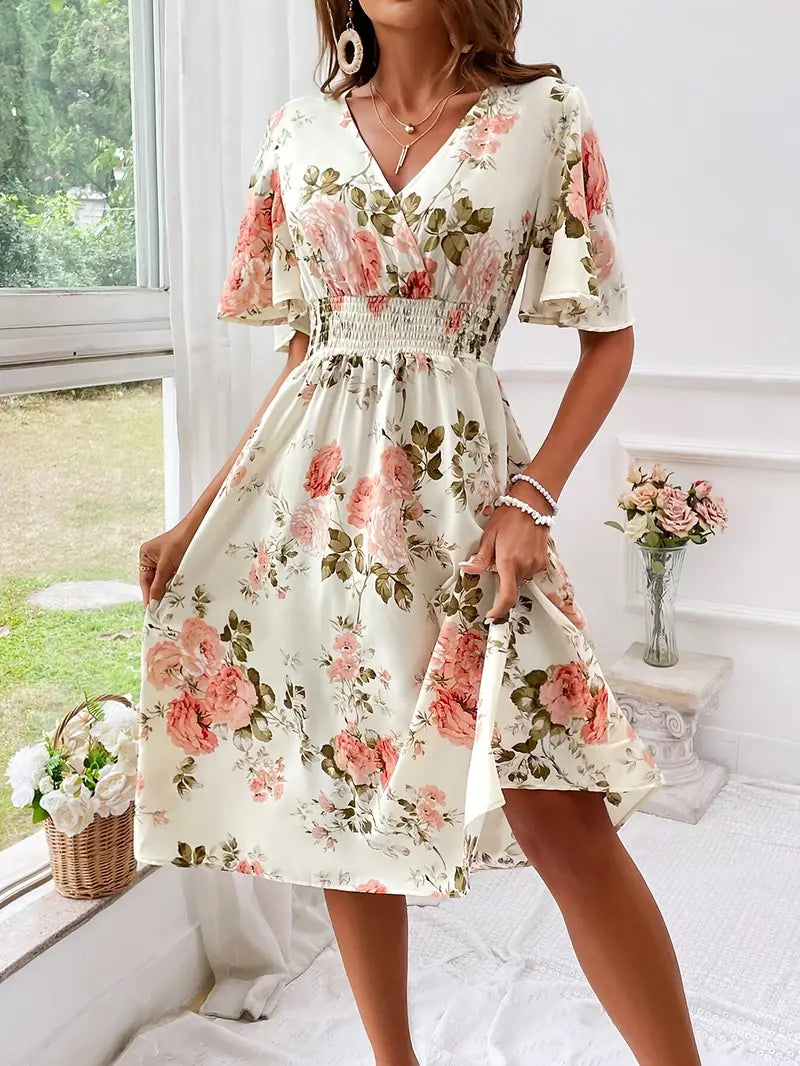 Floral Print V-Neck Flutter Sleeve Shirred Waist Midi Dress - View 5