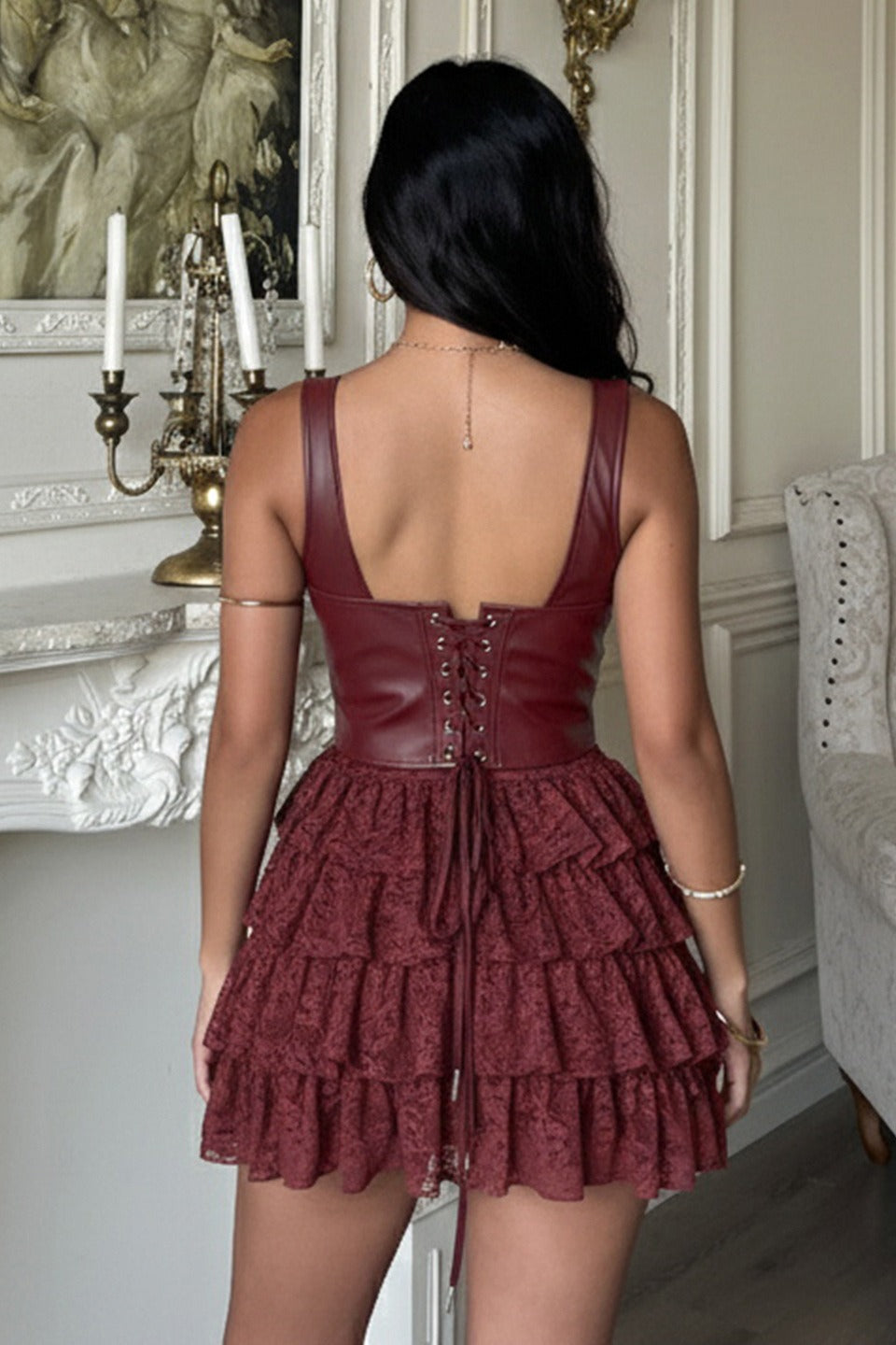 Satin Corset Lace Bustier Tiered Ruffle Mini Dress