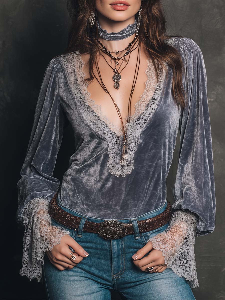 Vintage Gray Purple Velvet Lace Cuff Top - Fashionpara