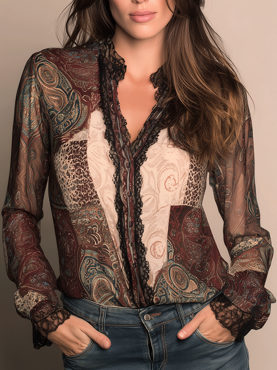 Vintage Lace Paisley Print Shirt - Fashionpara