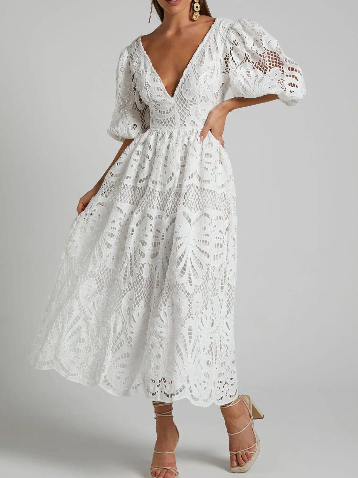Lace Deep V-Neck Puff Sleeve Cut Out Waist A-Line Midi Dress - View 4