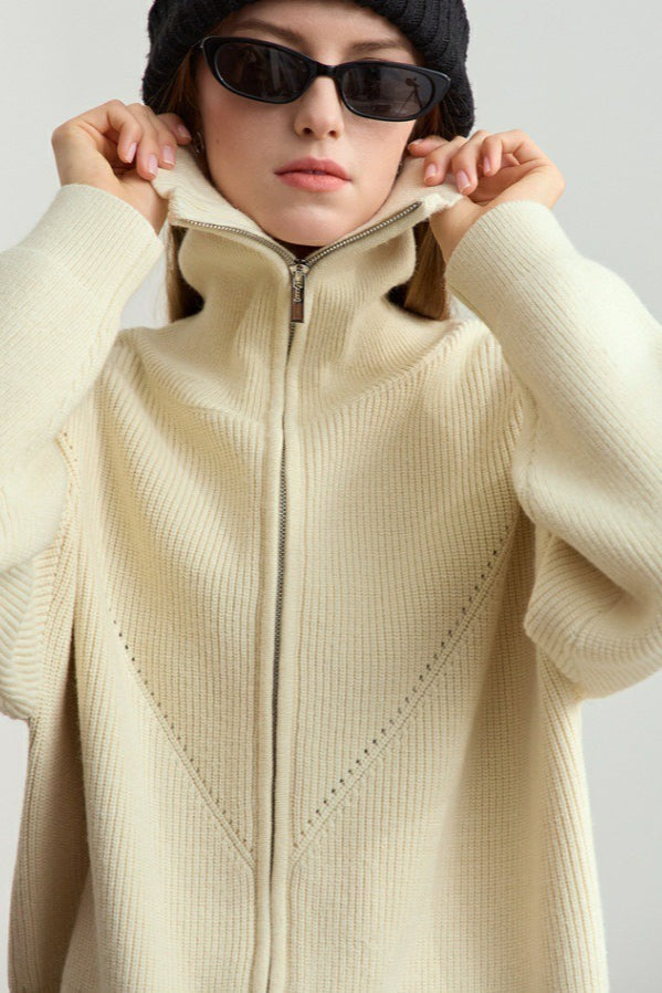 Thick Knit Zip Cardigan with Naval Collar for Cozy Elegance