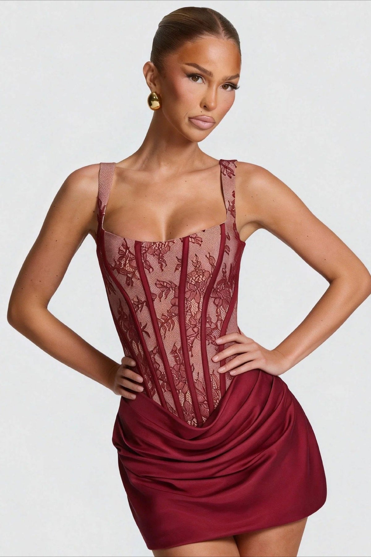 Lace Corset Square Neck Draped Hem Mini Dress