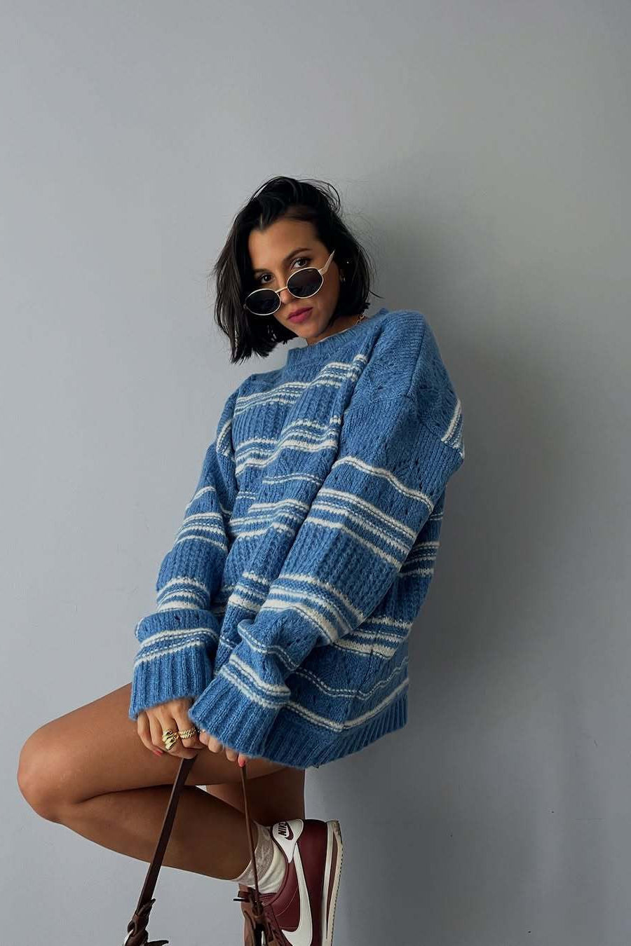PrincessAce Vintage Thick Striped Knit Crew Neck Sweater